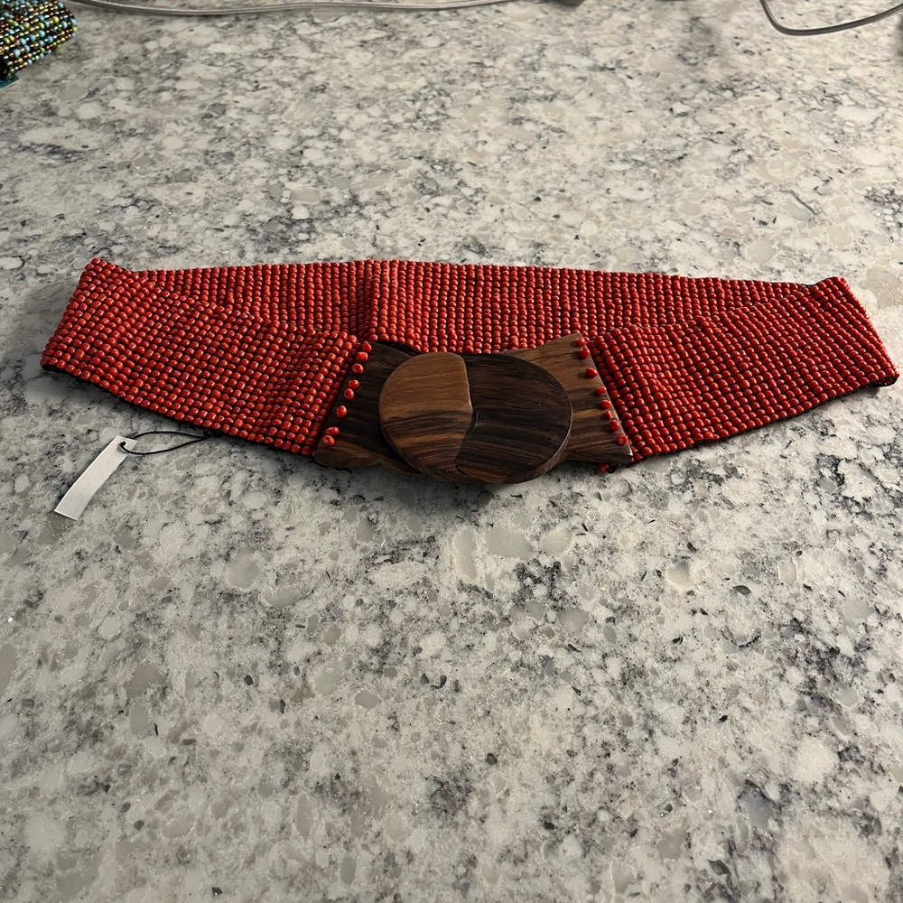 Orange Stretch beaded belt with wooden buckle